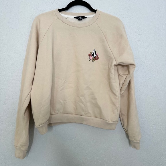 Volcom Womens Beige Floral Logo Crew Neck Pullover Sweatshirt Large - Picture 1 of 4